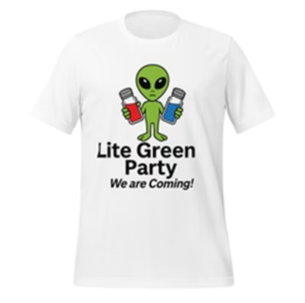 A t-shirt featuring the Lite Green Party logo, a sharp and bold design symbolizing an alternative to the traditional two-party system.